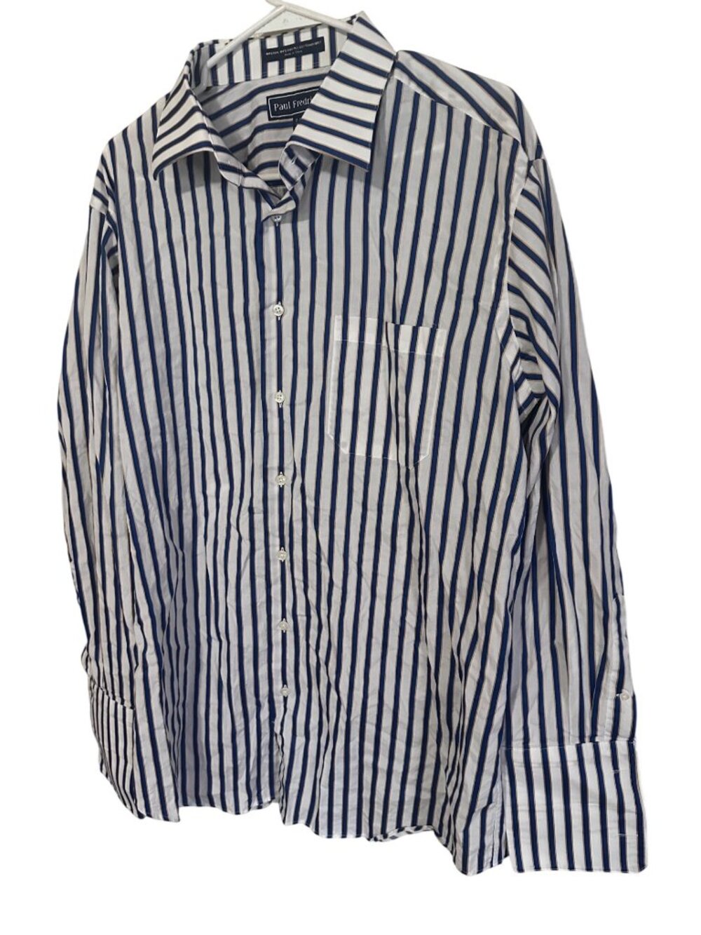 Paul Fredrick white blue and tan stripes button up cotton shirt size 17-34